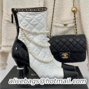 Durable Chanel Down Cloth & Patent Leather Heel Ankle Boots 8cm with Pearls White 0103014