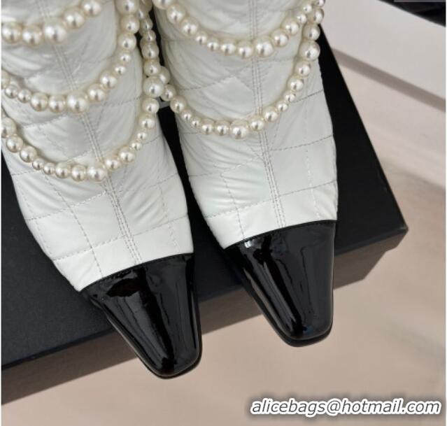 Durable Chanel Down Cloth & Patent Leather Heel Ankle Boots 8cm with Pearls White 0103014