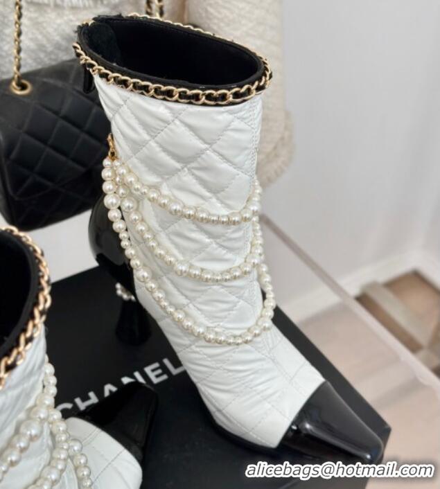 Durable Chanel Down Cloth & Patent Leather Heel Ankle Boots 8cm with Pearls White 0103014