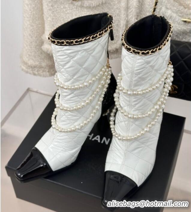 Durable Chanel Down Cloth & Patent Leather Heel Ankle Boots 8cm with Pearls White 0103014