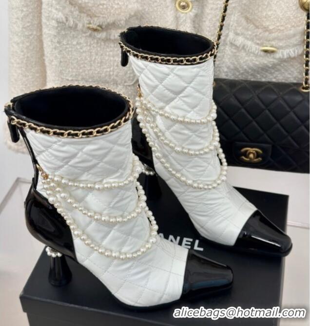 Durable Chanel Down Cloth & Patent Leather Heel Ankle Boots 8cm with Pearls White 0103014