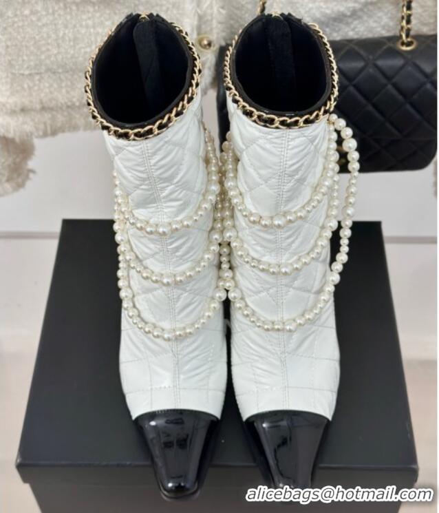 Durable Chanel Down Cloth & Patent Leather Heel Ankle Boots 8cm with Pearls White 0103014