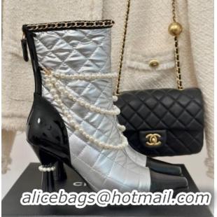 Best Product Chanel Down Cloth & Patent Leather Heel Ankle Boots 8cm with Pearls Silver 0103015