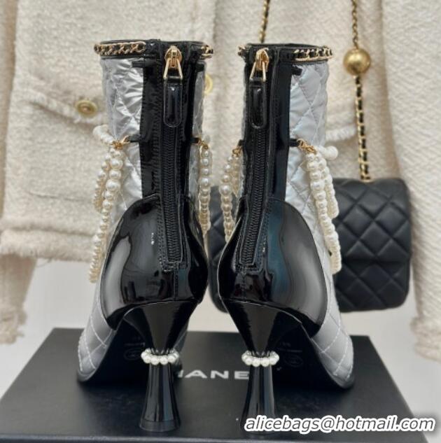 Best Product Chanel Down Cloth & Patent Leather Heel Ankle Boots 8cm with Pearls Silver 0103015