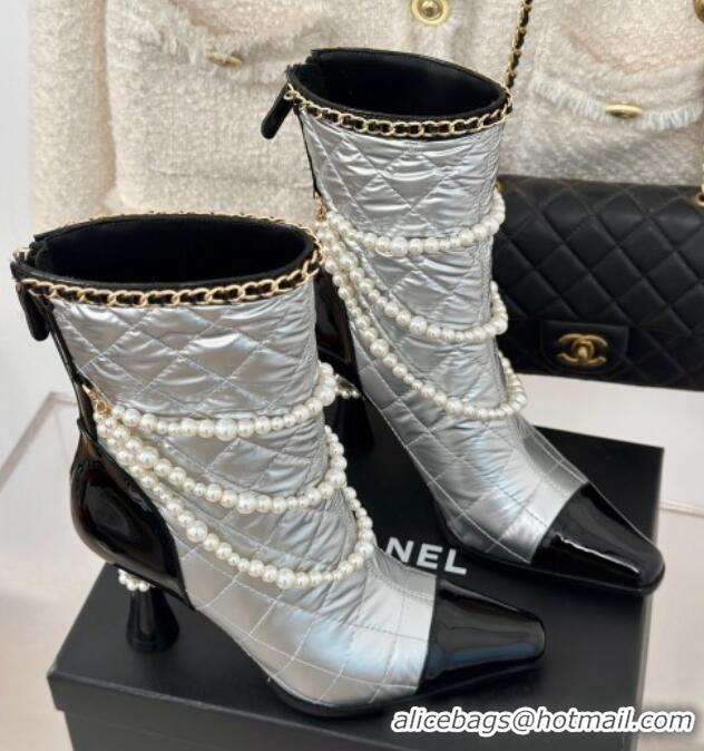 Best Product Chanel Down Cloth & Patent Leather Heel Ankle Boots 8cm with Pearls Silver 0103015