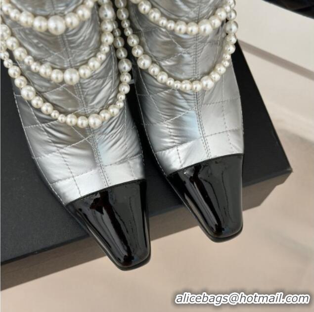 Best Product Chanel Down Cloth & Patent Leather Heel Ankle Boots 8cm with Pearls Silver 0103015