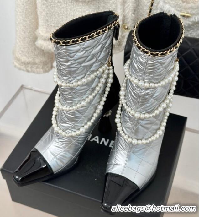 Best Product Chanel Down Cloth & Patent Leather Heel Ankle Boots 8cm with Pearls Silver 0103015