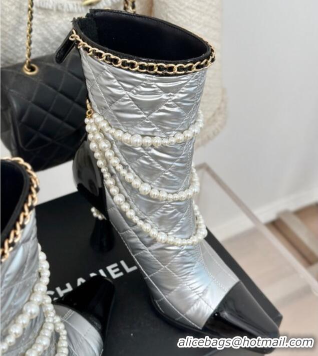 Best Product Chanel Down Cloth & Patent Leather Heel Ankle Boots 8cm with Pearls Silver 0103015