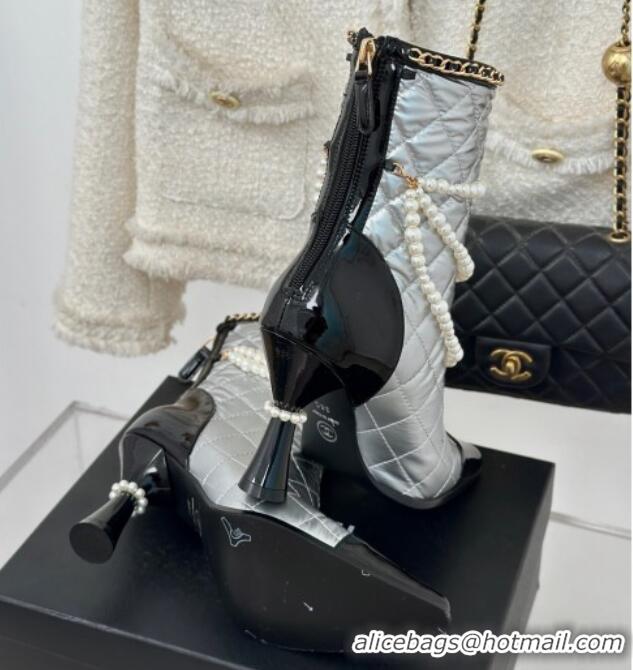 Best Product Chanel Down Cloth & Patent Leather Heel Ankle Boots 8cm with Pearls Silver 0103015