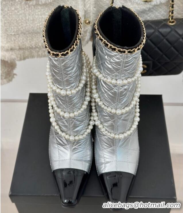 Best Product Chanel Down Cloth & Patent Leather Heel Ankle Boots 8cm with Pearls Silver 0103015