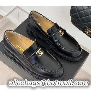 Shop Cheap Chanel Shiny Crumpled Calfskin Loafers with Metal-Tone CC G46112 Black 0103016