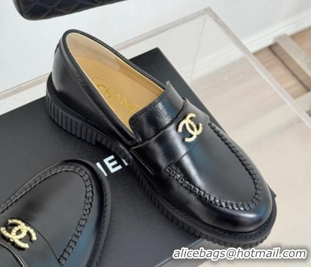 Shop Cheap Chanel Shiny Crumpled Calfskin Loafers with Metal-Tone CC G46112 Black 0103016