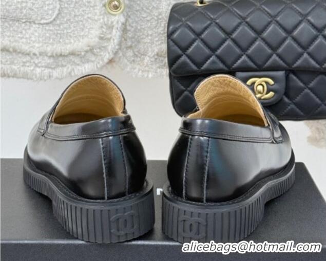 Shop Cheap Chanel Shiny Crumpled Calfskin Loafers with Metal-Tone CC G46112 Black 0103016