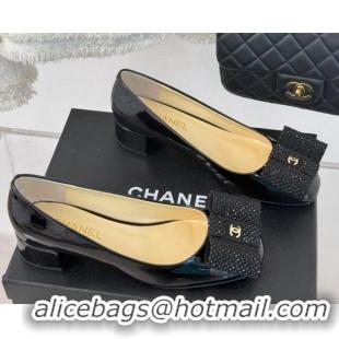 Cheap Price Chanel Patent Calfskin Pumps with Strass Bow Black 0103018