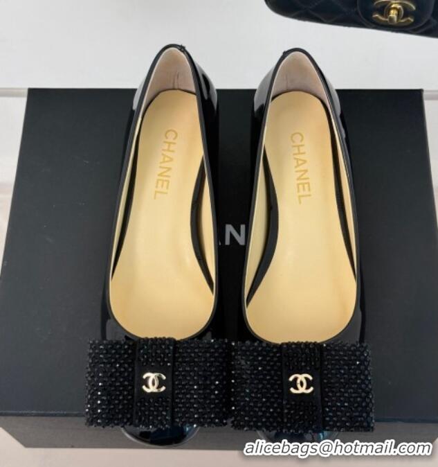 Cheap Price Chanel Patent Calfskin Pumps with Strass Bow Black 0103018