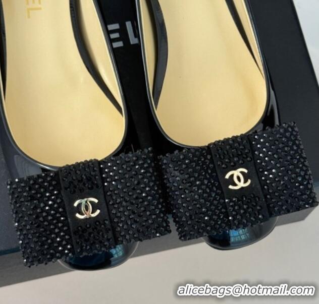 Cheap Price Chanel Patent Calfskin Pumps with Strass Bow Black 0103018