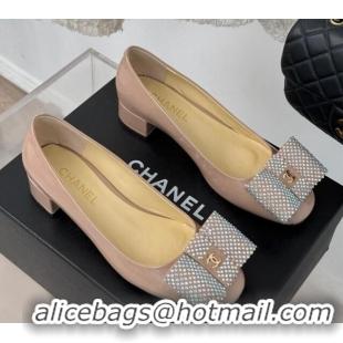 Stylish Chanel Patent Calfskin Pumps with Strass Bow Pink 0103019