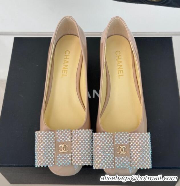 Stylish Chanel Patent Calfskin Pumps with Strass Bow Pink 0103019