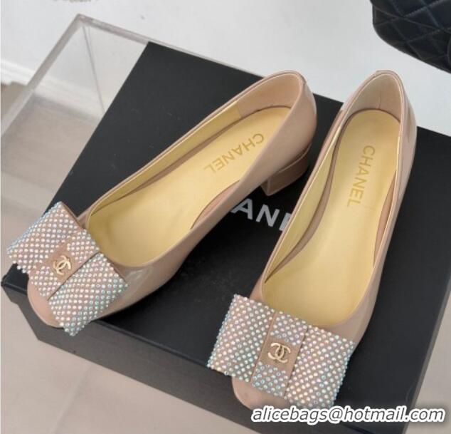 Stylish Chanel Patent Calfskin Pumps with Strass Bow Pink 0103019