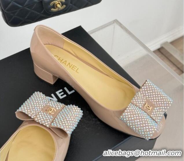 Stylish Chanel Patent Calfskin Pumps with Strass Bow Pink 0103019