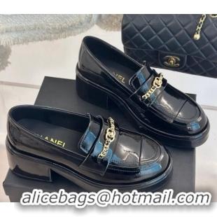 Hot Style Chanel Patent Calfskin Loafers with Chain Black 0103021