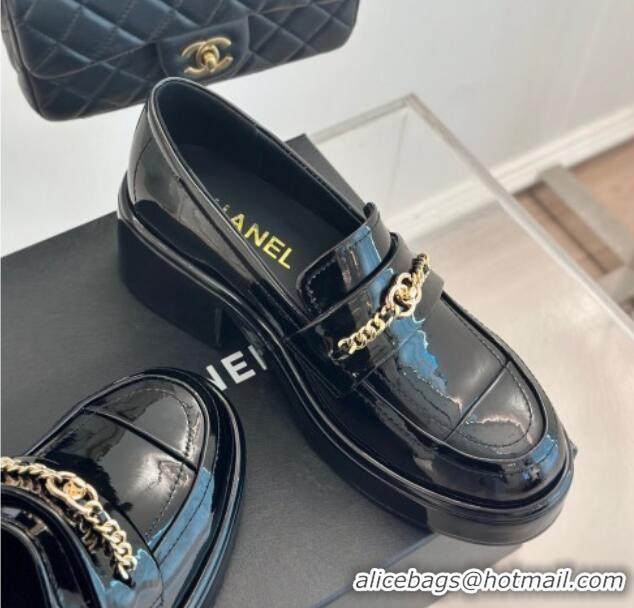 Hot Style Chanel Patent Calfskin Loafers with Chain Black 0103021