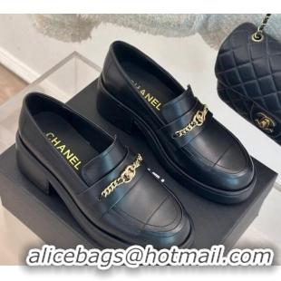 Top Design Chanel Calfskin Leather Loafers with Chain Black 0103022