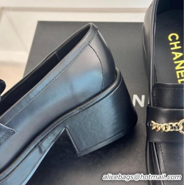 Top Design Chanel Calfskin Leather Loafers with Chain Black 0103022