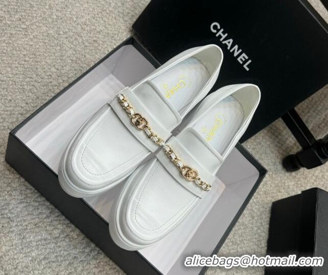 Big Discount Chanel Calfskin Loafers with Chain White 0103023