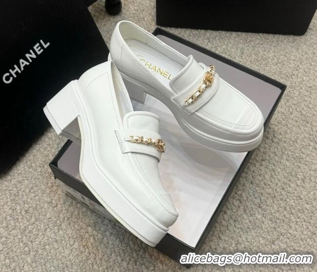 Big Discount Chanel Calfskin Loafers with Chain White 0103023