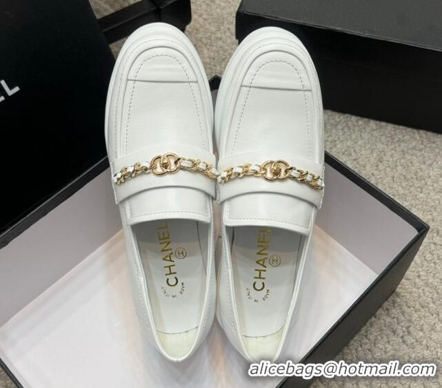 Big Discount Chanel Calfskin Loafers with Chain White 0103023