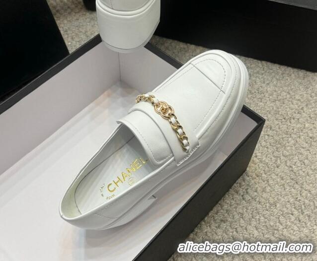 Big Discount Chanel Calfskin Loafers with Chain White 0103023