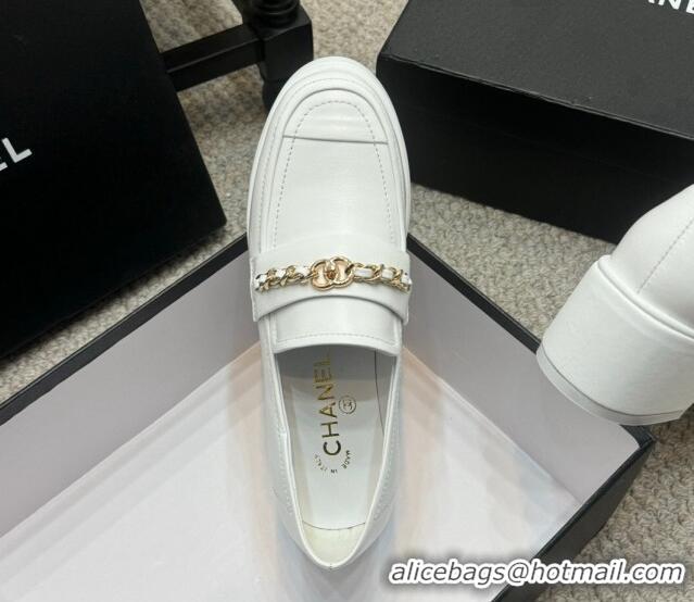 Big Discount Chanel Calfskin Loafers with Chain White 0103023