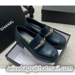 Good Product Chanel Calfskin Loafers with Chain Dark Blue 0103025