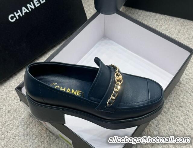 Good Product Chanel Calfskin Loafers with Chain Dark Blue 0103025