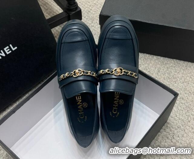 Good Product Chanel Calfskin Loafers with Chain Dark Blue 0103025