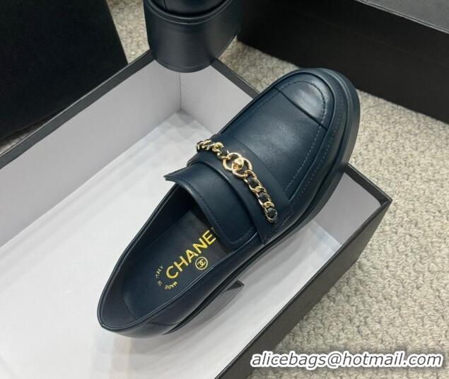 Good Product Chanel Calfskin Loafers with Chain Dark Blue 0103025