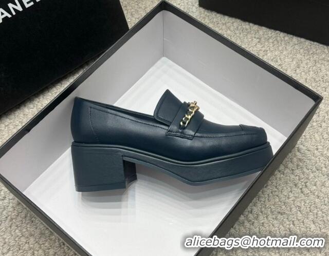 Good Product Chanel Calfskin Loafers with Chain Dark Blue 0103025