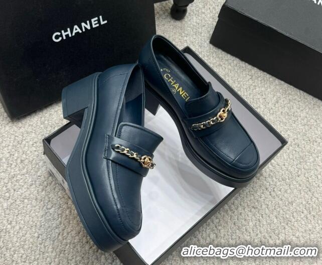 Good Product Chanel Calfskin Loafers with Chain Dark Blue 0103025