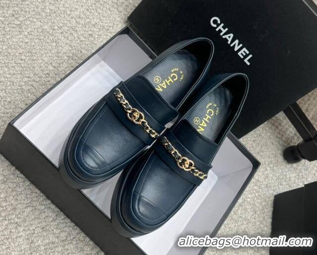 Good Product Chanel Calfskin Loafers with Chain Dark Blue 0103025