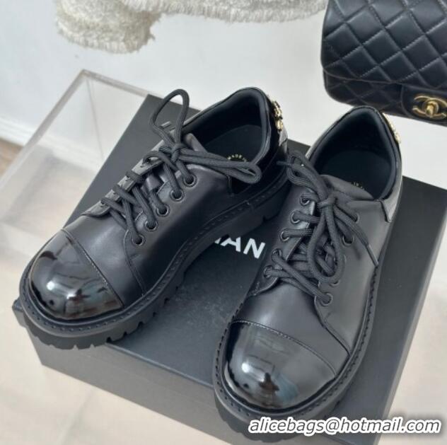 Trendy Design Chanel Patent & Calfskin Lace-up Shoes Black 0103026