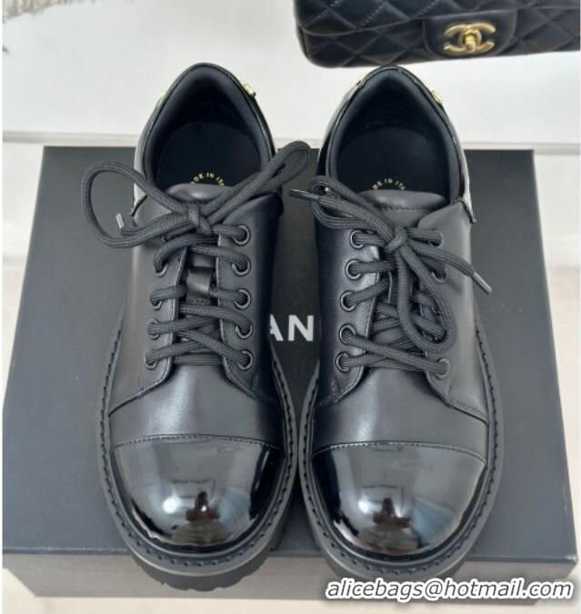 Trendy Design Chanel Patent & Calfskin Lace-up Shoes Black 0103026