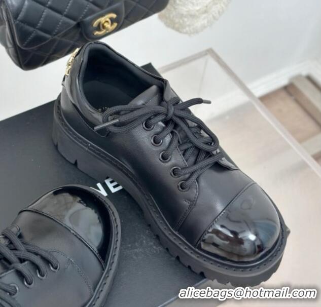 Trendy Design Chanel Patent & Calfskin Lace-up Shoes Black 0103026