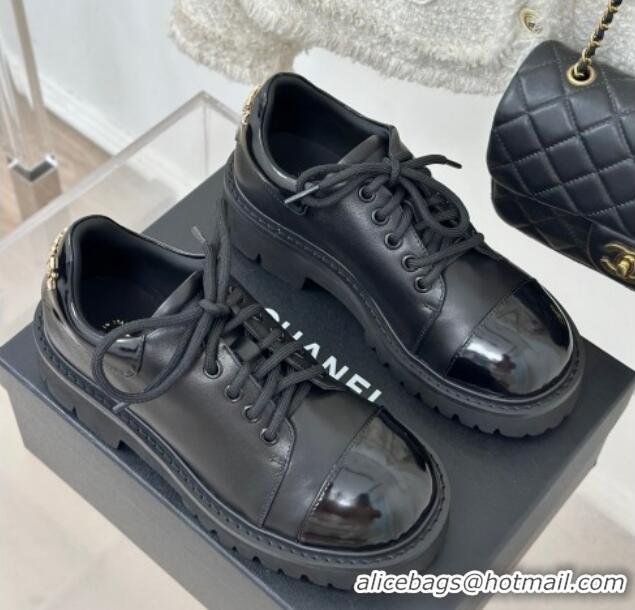 Trendy Design Chanel Patent & Calfskin Lace-up Shoes Black 0103026