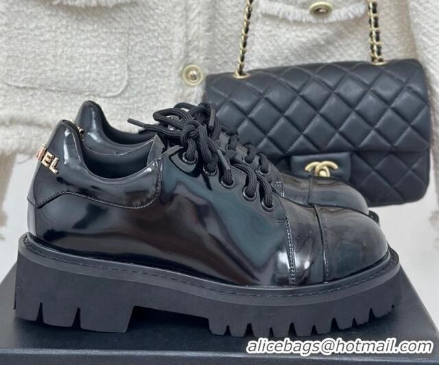 Most Popular Chanel Patent Calfskin Leather Lace-up Shoes Black 0103027