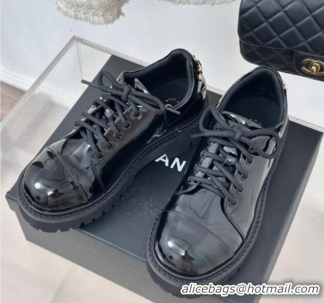 Most Popular Chanel Patent Calfskin Leather Lace-up Shoes Black 0103027