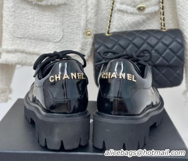 Most Popular Chanel Patent Calfskin Leather Lace-up Shoes Black 0103027