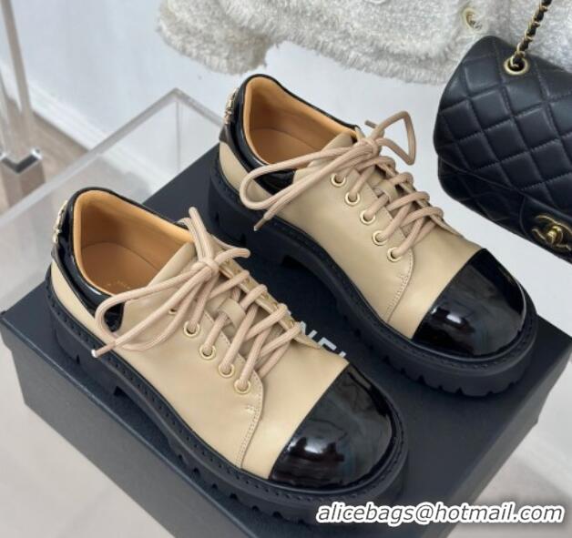 Sumptuous Chanel Patent & Calfskin Lace-up Shoes Beige 0103028