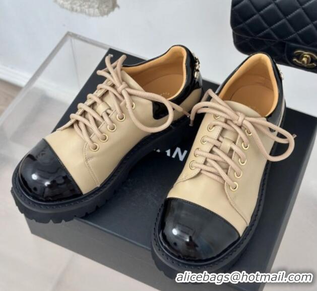 Sumptuous Chanel Patent & Calfskin Lace-up Shoes Beige 0103028