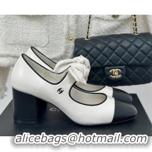 Luxurious Chanel Lambskin & Patent Leather Mary Janes Pumps with Knot Bow White 0103029